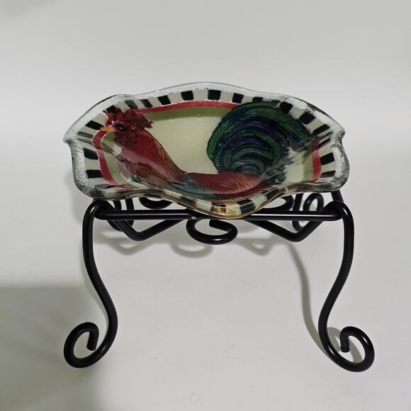 Vintage Peggy Karr Rooster Fluted Glass Bowl Signed Checkered Edge Metal Stand - Picture 10 of 10